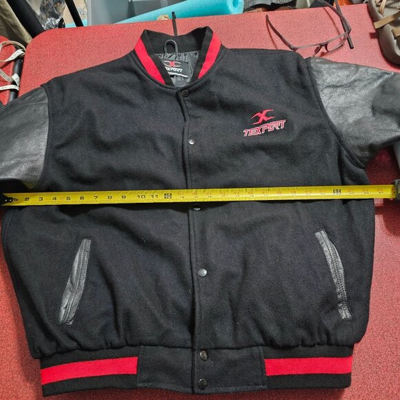 Texport Black & Red Wool Bomber Jacket 2XL Leather Sleeves Moto Bikercore Grunge - Picture 7 of 13